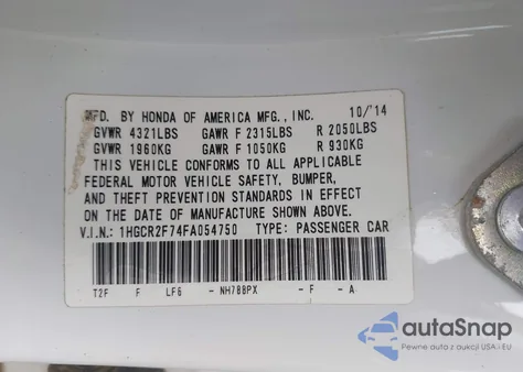 2015 Honda Accord Ex z USA, uszkodzony, nr VIN 1HGCR2F74FA054750